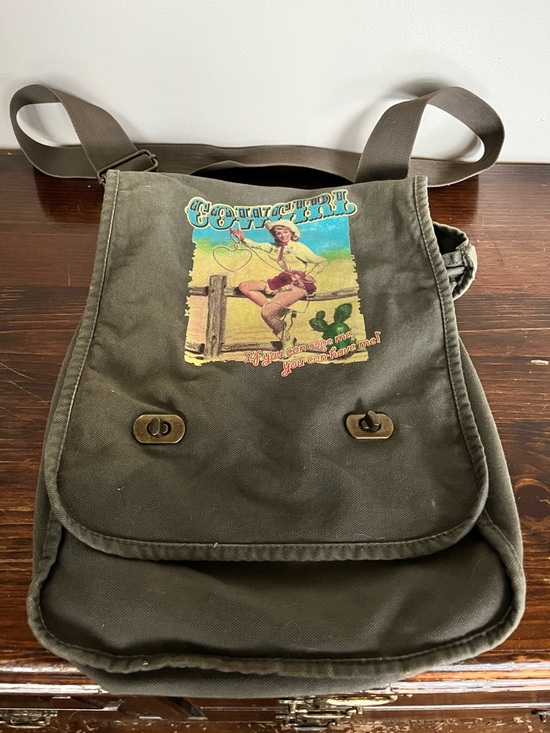 Handbags - Cowgirl Graphic Canvas Crossbody Bag - Olive Green